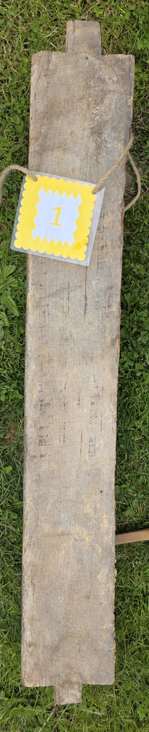 GedankenGuss - Holzskulpturen und abstrakten Kunstwerken - Eine kleine, gelb-weiße Zierfahne mit der Nummer hängt an einem dicken Seil über einem verwitterten Holzbrett, das auf einem Stück grünem Gras liegt.