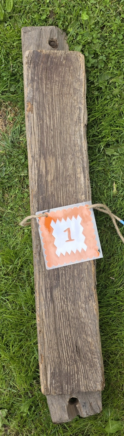 GedankenGuss - Holzskulpturen und abstrakten Kunstwerken -  Eine kleine, weiß-orangefarbene Zierfahne mit einer Zahl hängt an einem dicken Seil über einem verwitterten Holzbrett, das auf einem Stück grünem Gras liegt.