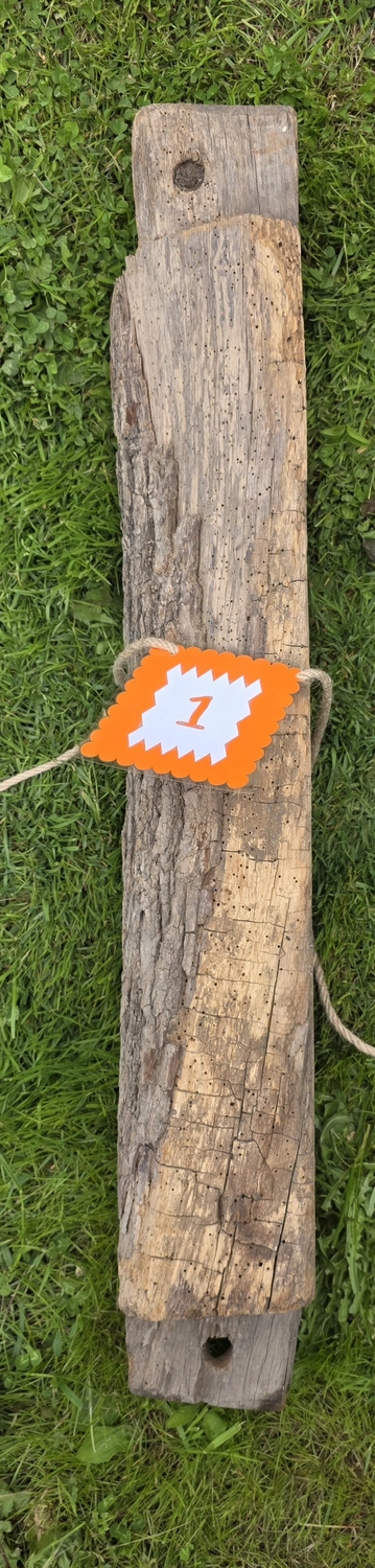 GedankenGuss - Holzskulpturen und abstrakten Kunstwerken -  Eine kleine, weiß-orangefarbene Zierfahne mit einer Zahl hängt an einem dicken Seil über einem verwitterten Holzbrett, das auf einem Stück grünem Gras liegt.