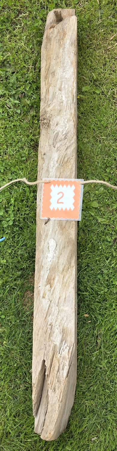 GedankenGuss - Holzskulpturen und abstrakten Kunstwerken -  Eine kleine, weiß-orangefarbene Zierfahne mit einer Zahl hängt an einem dicken Seil über einem verwitterten Holzbrett, das auf einem Stück grünem Gras liegt.