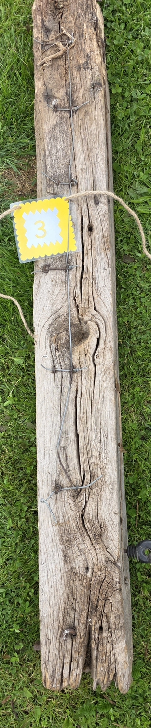 GedankenGuss - Holzskulpturen und abstrakten Kunstwerken - Eine kleine, gelb-weiße Zierfahne mit der Nummer hängt an einem dicken Seil über einem verwitterten Holzbrett, das auf einem Stück grünem Gras liegt.
