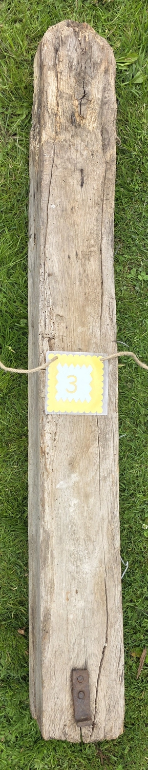 GedankenGuss - Holzskulpturen und abstrakten Kunstwerken - Eine kleine, gelb-weiße Zierfahne mit der Nummer hängt an einem dicken Seil über einem verwitterten Holzbrett, das auf einem Stück grünem Gras liegt.