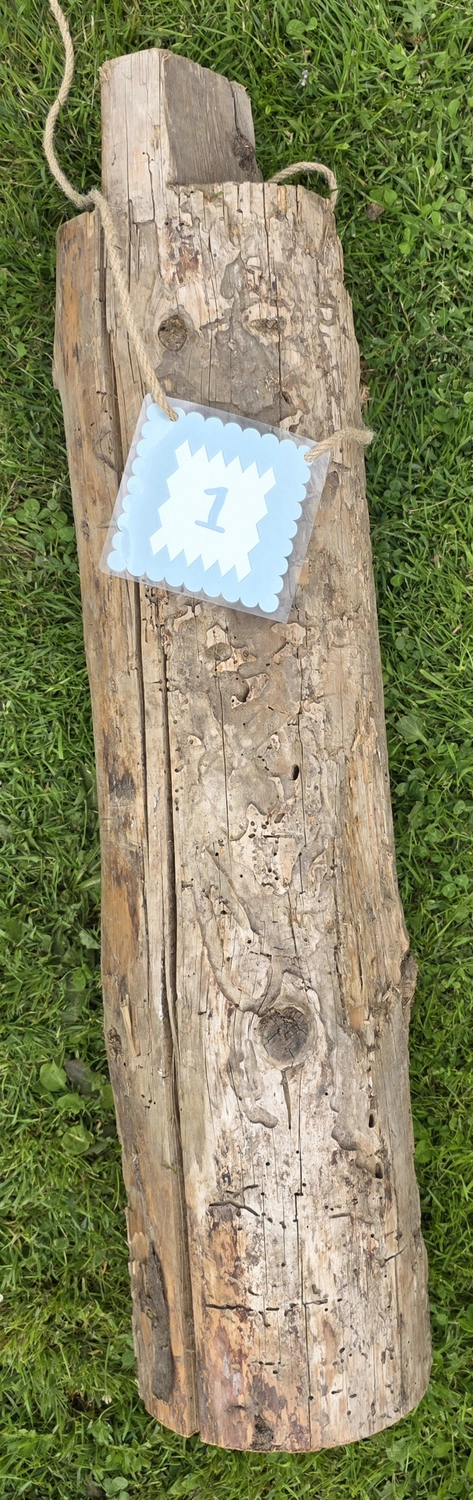 GedankenGuss - Holzskulpturen und abstrakten Kunstwerken -Eine kleine Blau und weiße Zierfahne mit einer Zahl hängt an einem dicken Seil über einem verwitterten Holzbrett, das auf einem Stück grünem Gras liegt.