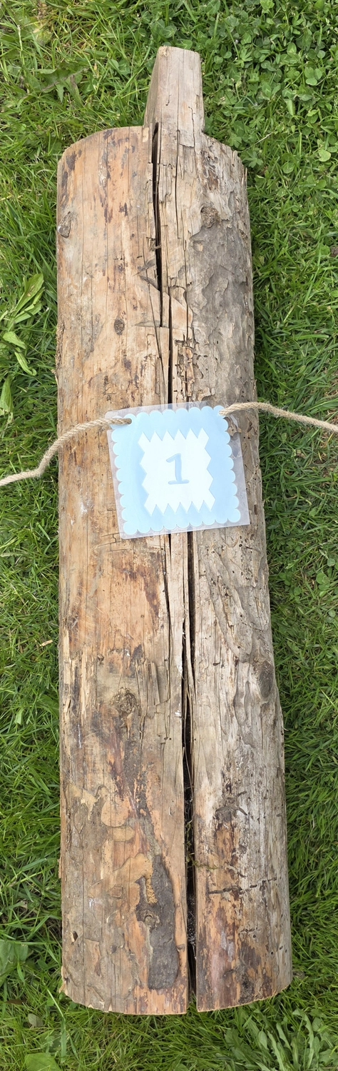 GedankenGuss - Holzskulpturen und abstrakten Kunstwerken -Eine kleine Blau und weiße Zierfahne mit einer Zahl hängt an einem dicken Seil über einem verwitterten Holzbrett, das auf einem Stück grünem Gras liegt.