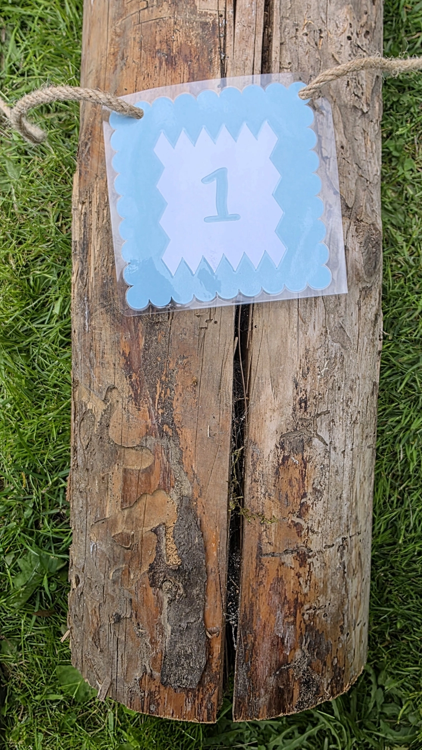 GedankenGuss - Holzskulpturen und abstrakten Kunstwerken -Eine kleine Blau und weiße Zierfahne mit einer Zahl hängt an einem dicken Seil über einem verwitterten Holzbrett, das auf einem Stück grünem Gras liegt.
