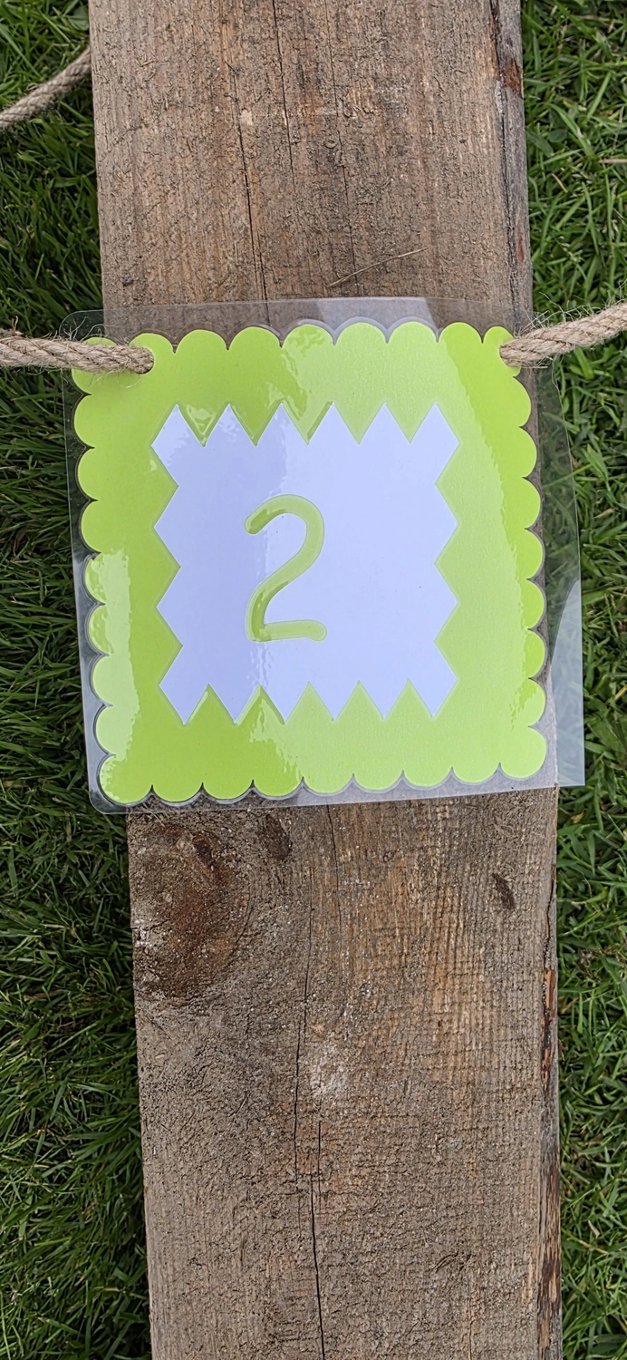 GedankenGuss - Holzskulpturen und abstrakten Kunstwerken -Eine kleine, hellgrüne und weiße Zierfahne mit einer Zahl hängt an einem dicken Seil über einem verwitterten Holzbrett, das auf einem Stück grünem Gras liegt.