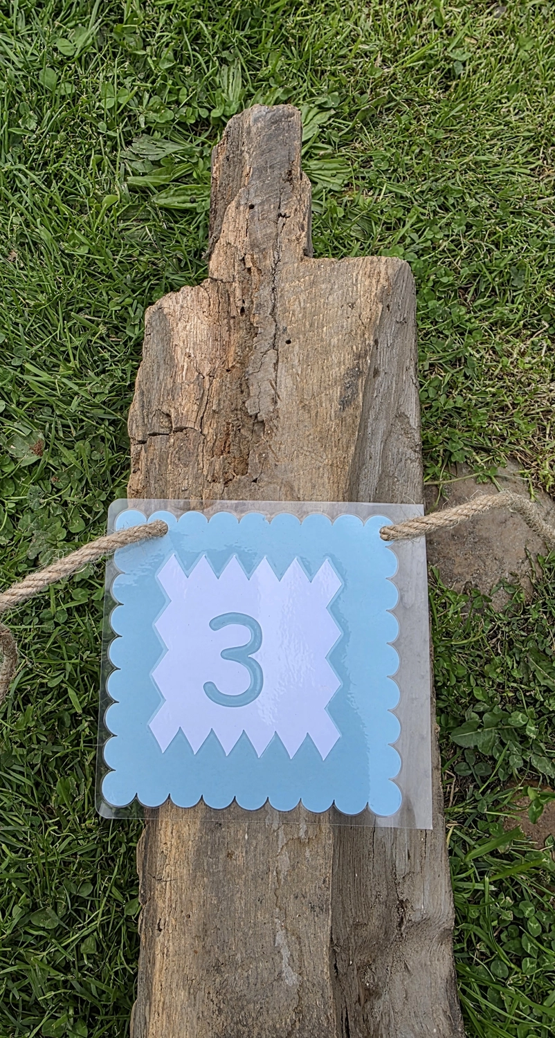 GedankenGuss - Holzskulpturen und abstrakten Kunstwerken -Eine kleine Blau und weiße Zierfahne mit einer Zahl hängt an einem dicken Seil über einem verwitterten Holzbrett, das auf einem Stück grünem Gras liegt.