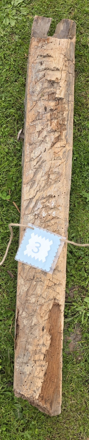 GedankenGuss - Holzskulpturen und abstrakten Kunstwerken -Eine kleine Blau und weiße Zierfahne mit einer Zahl hängt an einem dicken Seil über einem verwitterten Holzbrett, das auf einem Stück grünem Gras liegt.