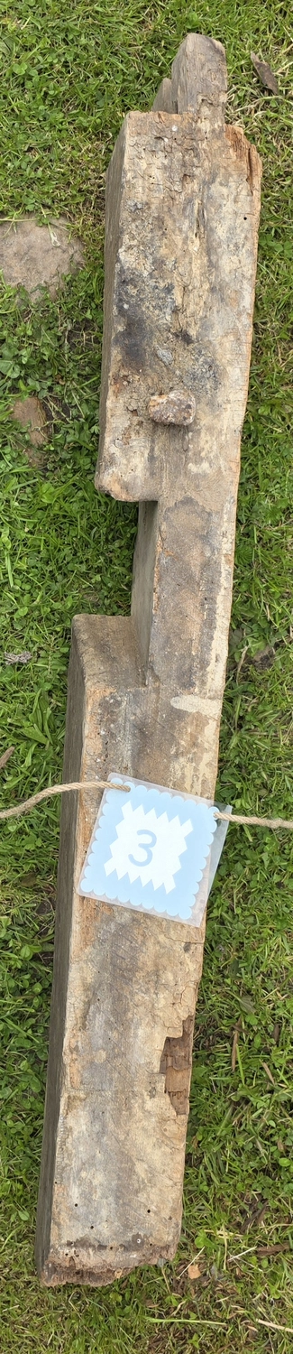 GedankenGuss - Holzskulpturen und abstrakten Kunstwerken -Eine kleine Blau und weiße Zierfahne mit einer Zahl hängt an einem dicken Seil über einem verwitterten Holzbrett, das auf einem Stück grünem Gras liegt.