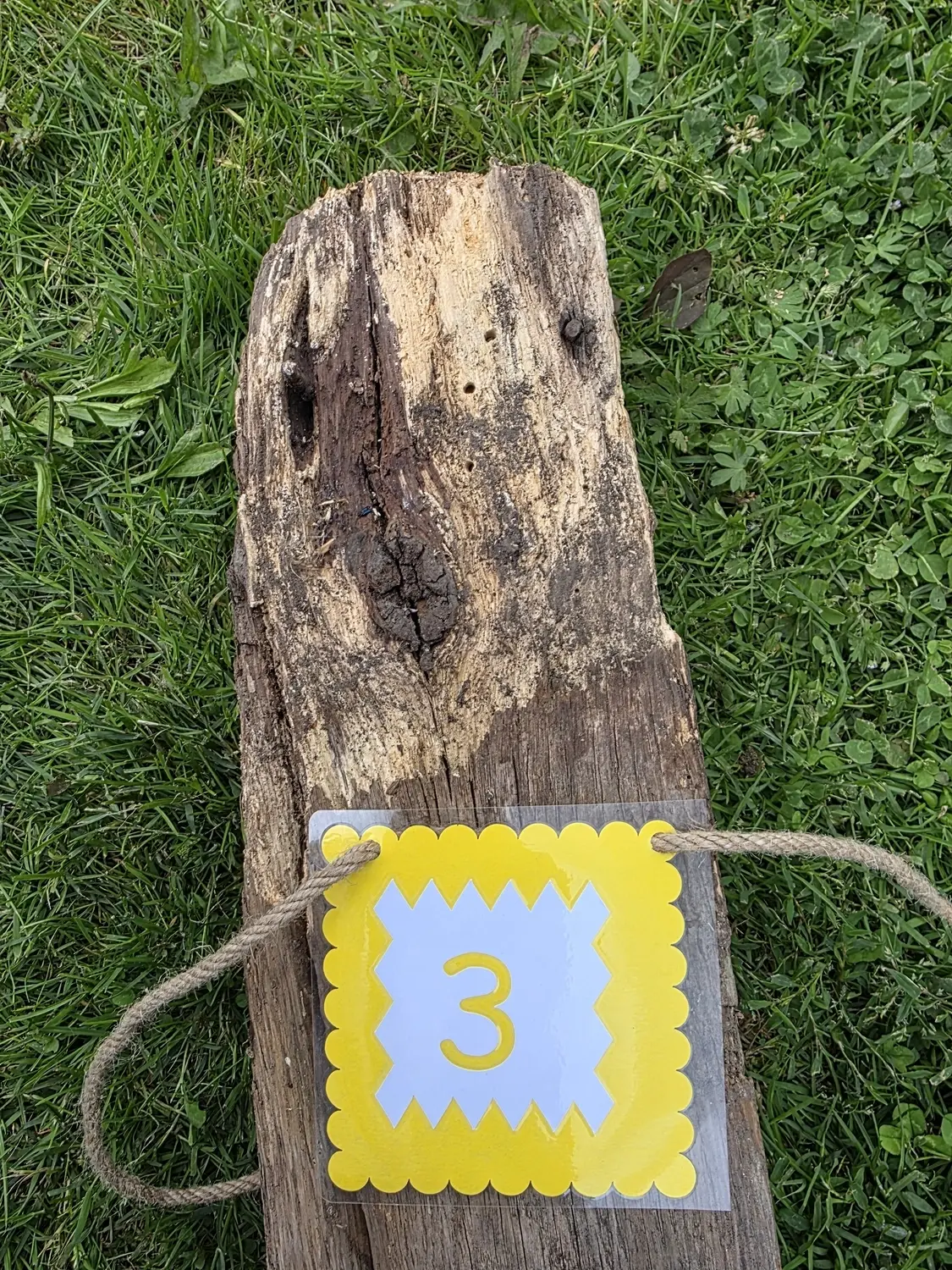 GedankenGuss - Holzskulpturen und abstrakten Kunstwerken - Eine kleine, gelb-weiße Zierfahne mit der Nummer hängt an einem dicken Seil über einem verwitterten Holzbrett, das auf einem Stück grünem Gras liegt.