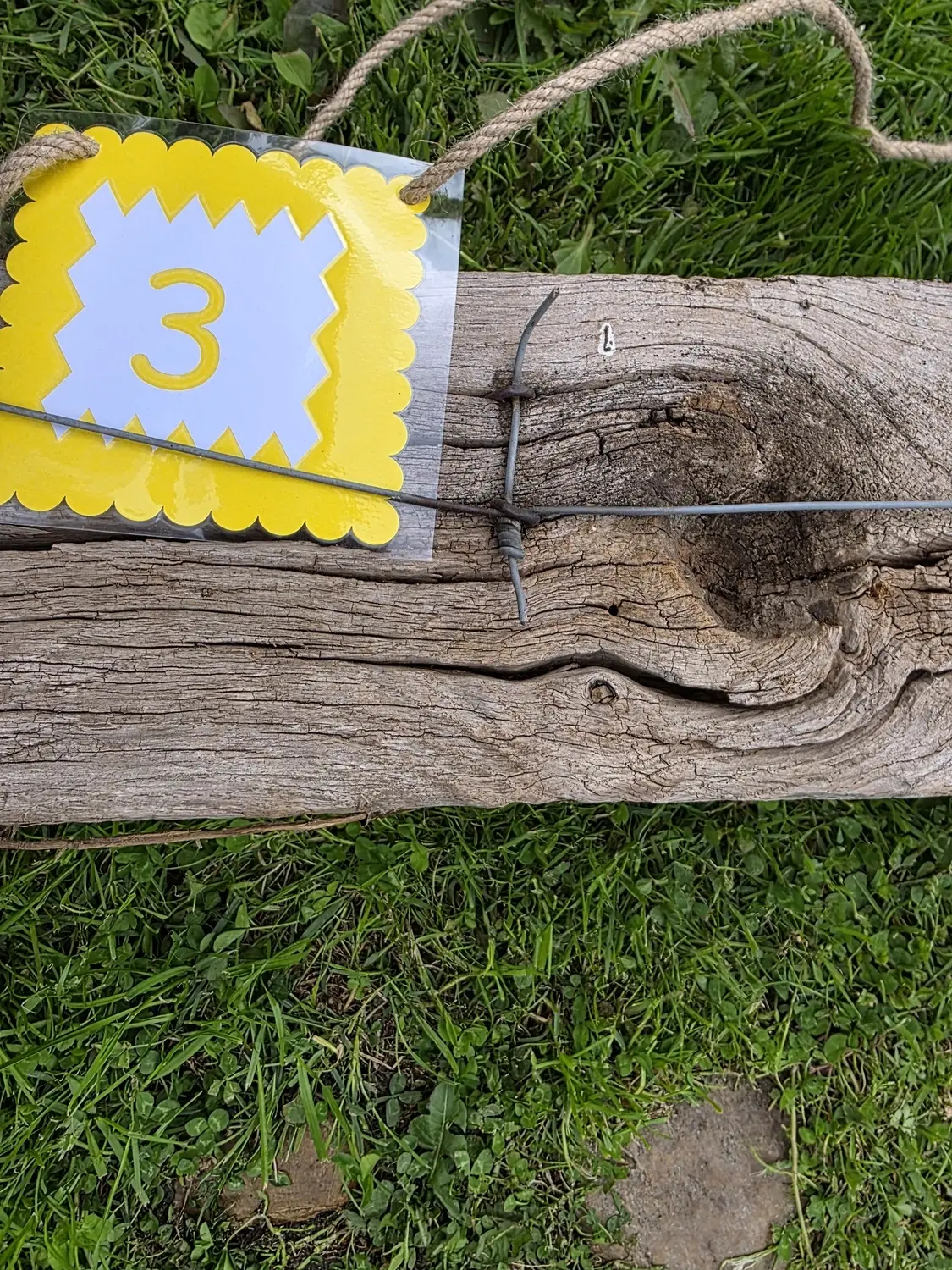GedankenGuss - Holzskulpturen und abstrakten Kunstwerken - Eine kleine, gelb-weiße Zierfahne mit der Nummer hängt an einem dicken Seil über einem verwitterten Holzbrett, das auf einem Stück grünem Gras liegt.