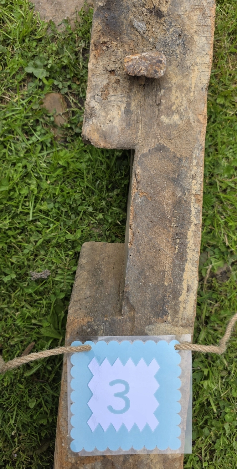 GedankenGuss - Holzskulpturen und abstrakten Kunstwerken -Eine kleine Blau und weiße Zierfahne mit einer Zahl hängt an einem dicken Seil über einem verwitterten Holzbrett, das auf einem Stück grünem Gras liegt.