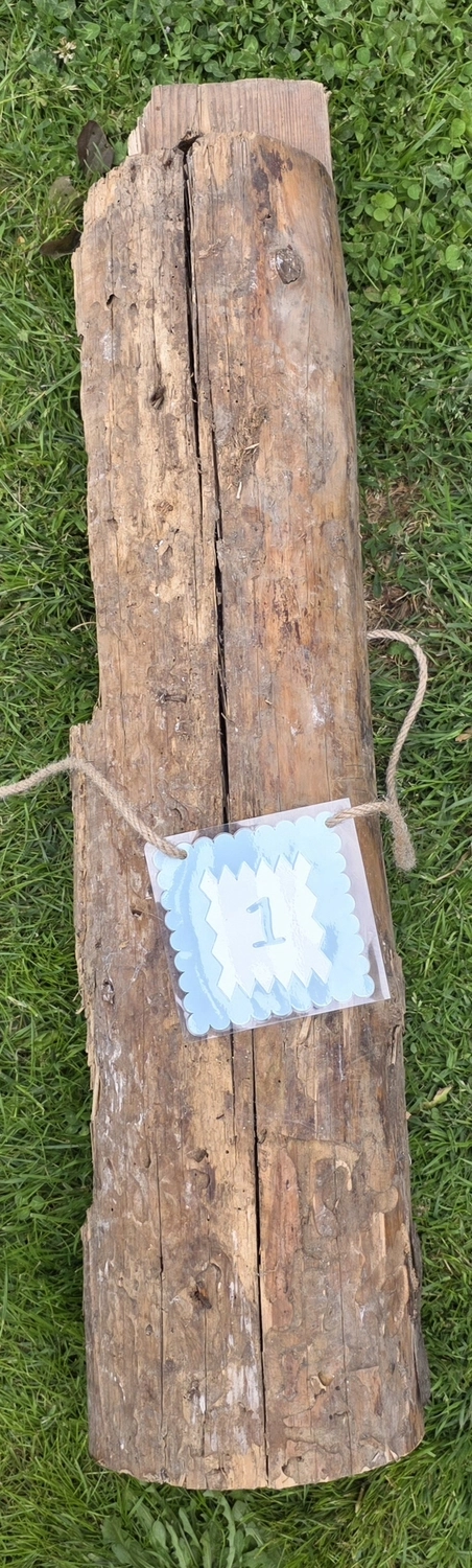 GedankenGuss - Holzskulpturen und abstrakten Kunstwerken -Eine kleine Blau und weiße Zierfahne mit einer Zahl hängt an einem dicken Seil über einem verwitterten Holzbrett, das auf einem Stück grünem Gras liegt.